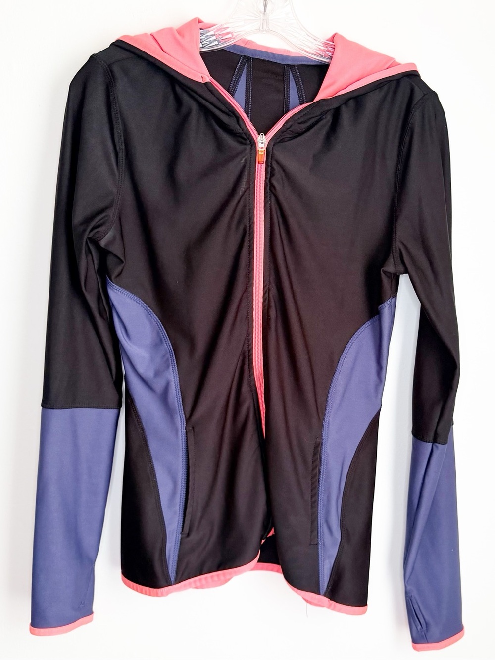 Reebok Black Hooded Swim Coverup with Pink Trim and Purple Panels